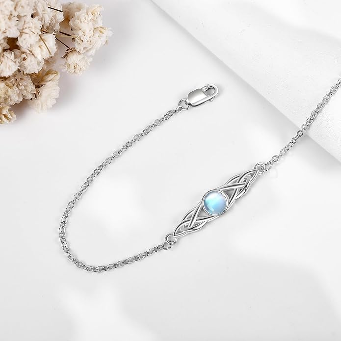 VONALA 925 Sterling Silver Celtic Anklet for Women Irish Moonstone Ankle Bracelet Moonstone Anklet Knot Viking Gemstone Jewelry