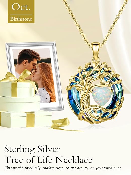 TOUPOP Christmas Gifts Tree of Life Birthstone Necklace 925 Sterling Silver Pendant Austrian Crystal Jewelry Anniversary Birthday Gifts for Women Mom Her Wife