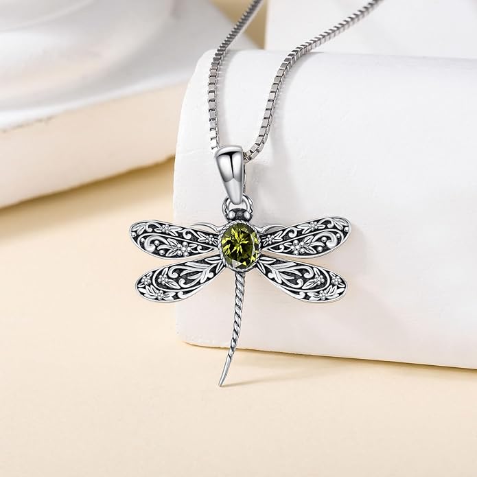 Vintage Dragonfly Necklace for Women 925 Sterling Silver, Oval Birthstone Dragonfly Pendant Boho Jewelry Birthday Gift for Her, Mom, Grandma