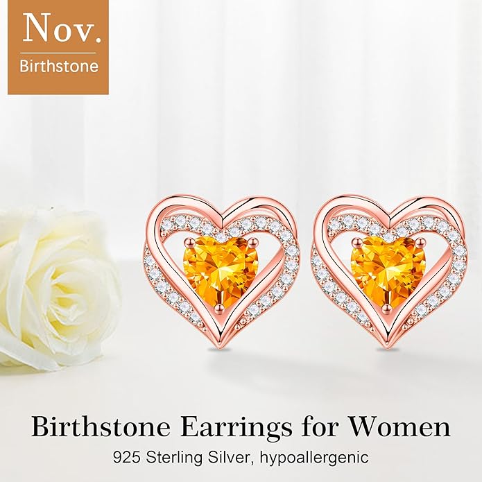 Iefil Birthstone Earrings for Women, 925 Sterling Silver Heart Stud Earrings Birthday Gifts for Women