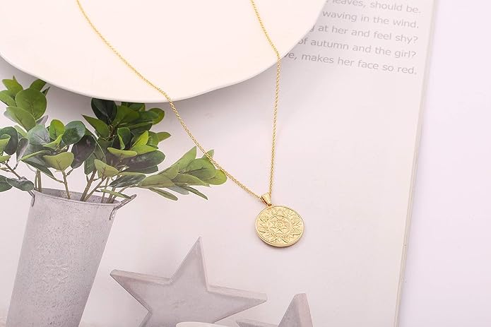 CANEVINKA 18K Gold Plate Coin Pendant Necklace for Women Dainty Compass Sunflower Necklaces Personalized Chain Layered Jewelry