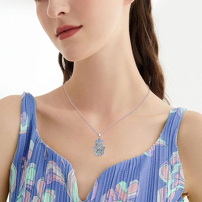 VONALA Silver Evil Eye Necklace for Women Hamsa Fatima Necklace Hamsa Hand Jewelry Gifts for Men
