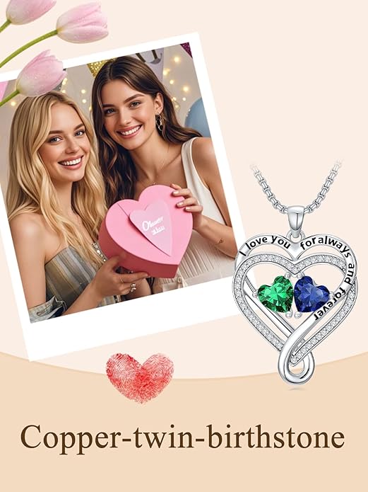 I Love You for Awlays and Forever Double Heart Necklace with Birthstone, 2 Birth Stone Jewelry Anniversary Valentines Mothers Day Christmas Birthday Gifts for Women Her Wife Girlfriend Mom Mother