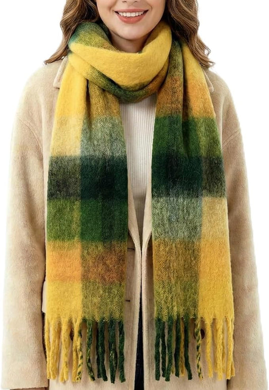 SHOHOKU Large Chunky Plaid Scarf Coloured Checked Oversized Scarf Tassel Soft Fall Winter Thick Warm Shawl Women