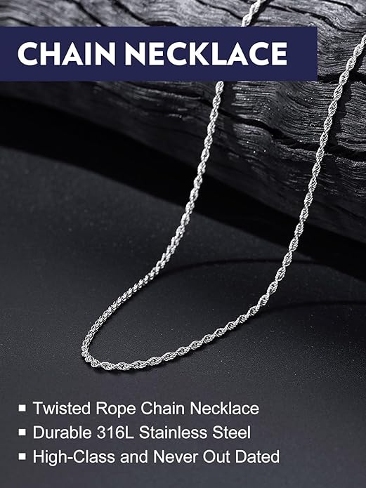 Bandmax Solid 1.5mm/2mm/3mm/6mm Rope Chains for Men Women 14K Gold Plated/Black Plated Stainless Steel Twist Chain 16-30 Inches, with Gift Box