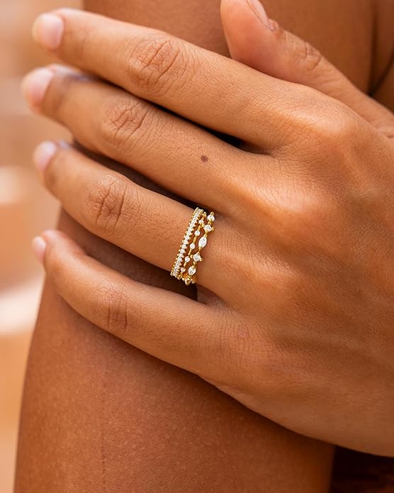 FUNEIA Stackable Silver Gold Rings for Women Non Tarnish 14K Gold Plated Thumb Cubic Zirconia Rings for Women Dainty Pinky Promise Wedding Ring Set Women's Engagement Eternity Band Rings Gold Jewelry