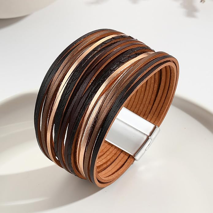 Fesciory Leather Wrap Bracelets for Women, Boho Leopard Multi-Layer Crystal Beads Cuff Bracelet Jewelry