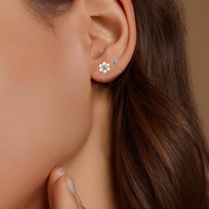 IMBOS Pearl Earrings 14k Gold Plated Daisy Flower Stud Earrings for Women Ball Stud Flat Back Earring Hypoallergenic Statement Earring Trendy Jewelry Gift for Women