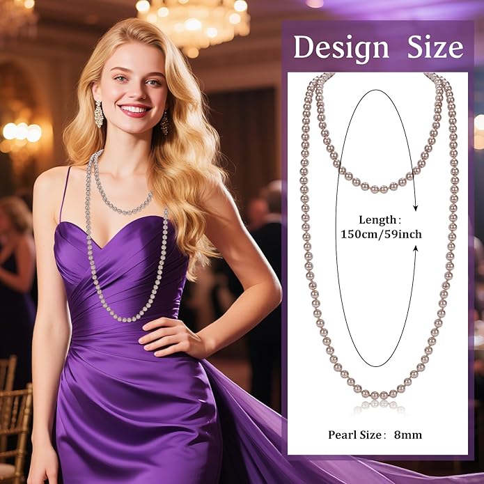 59" Long Pearl Necklaces for Women, Vintage Elegant Long Pearls Necklace for Wedding Party 1920s Gatsby Costume Jewelry