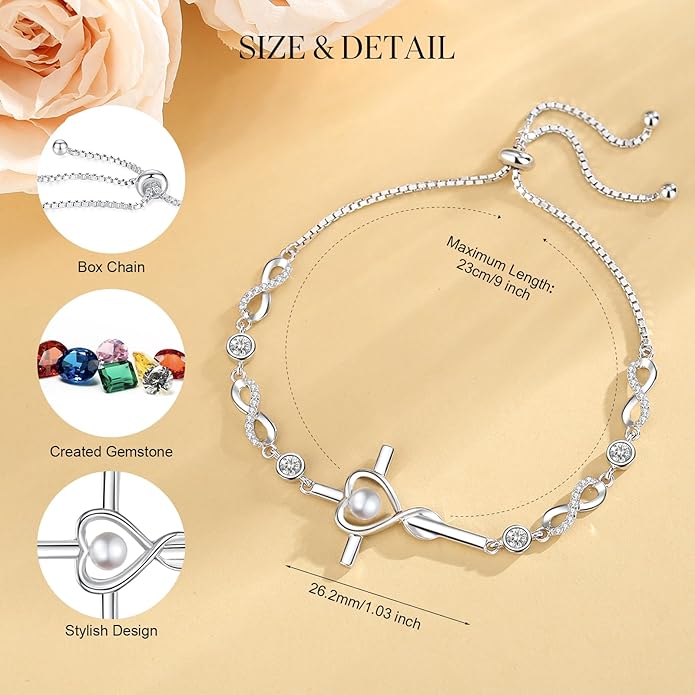 FANCIME Gift for Women Cross Bracelet 925 Sterling Silver Heart Birthstone Bracelet Fine Jewelry Birthday Gifts for Her Women