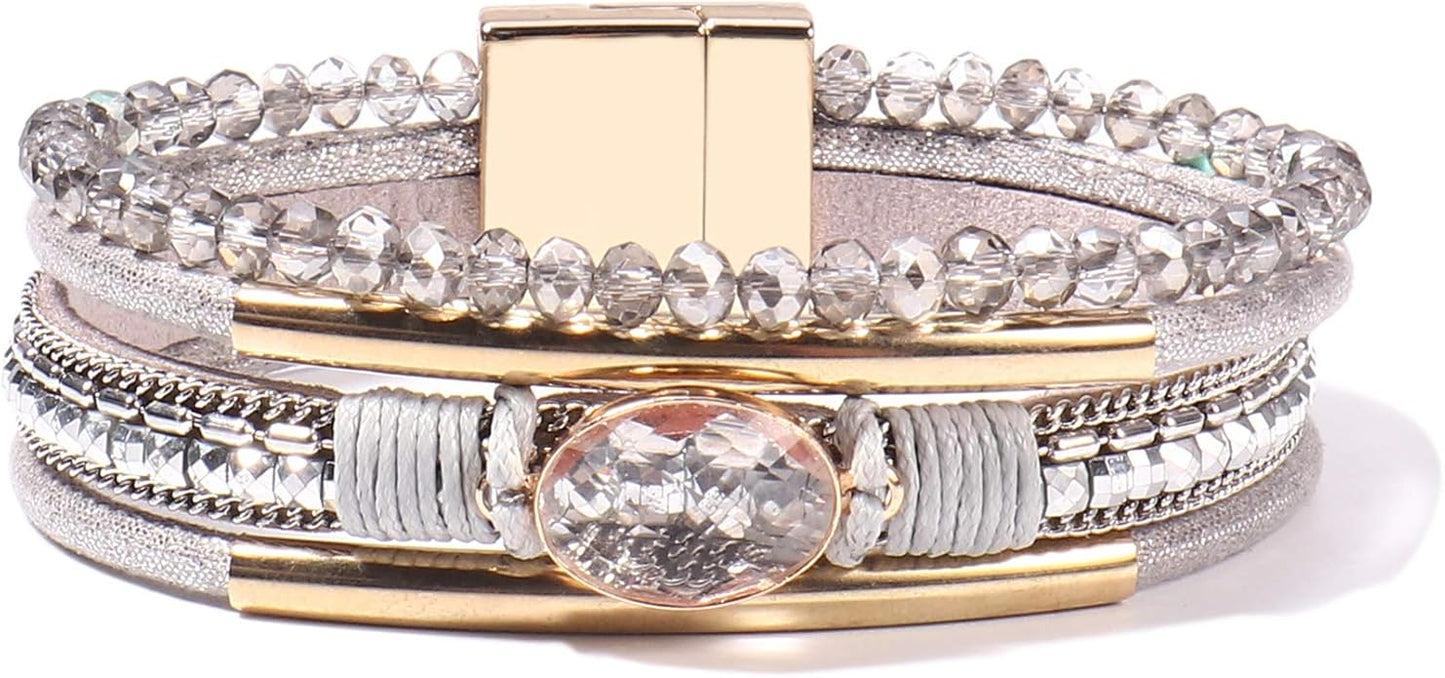 FANCY SHINY Leather Wrap Bracelets Crystal Beads Bracelet Boho Cuff Stone Charm Bracelets with Clasp Costume Jewelry for Women