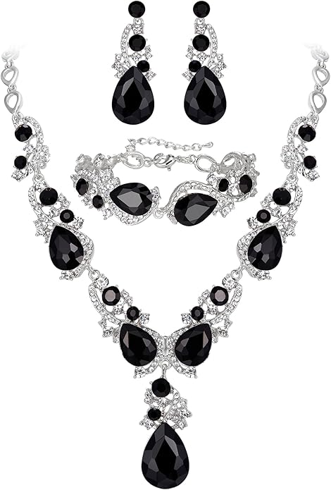 BriLove Wedding Bridal Jewelry for Women Multi Teardrop Cluster Crystal Statement Necklace Dangle Earrings Link Bracelet Set