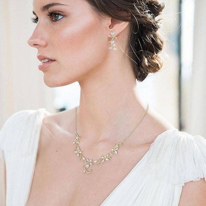 Crysdue Flower Leaf Wedding Jewelry Set for Bridal Bridemaid, Cubic Zirconia Teardrop Elegant Silver/14K/Rose Gold Plated Vine Necklace Dangle Earrings for Prom Party