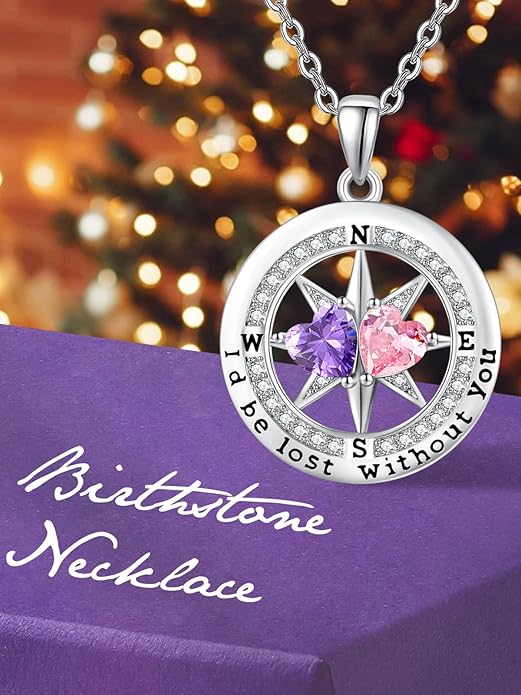 Compass Birthstones Necklace for Women, Exquisite Anniversary Birthday Gifts for Wife Her Double Birthstone Pendant jewelry ‘I'd be Lost Without You’