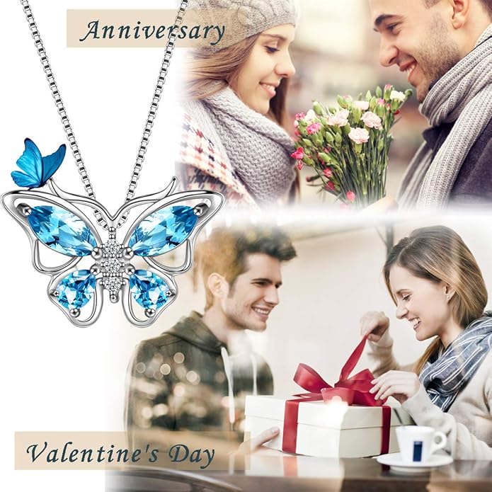 Aurora Tears Butterfly Birthstone Pendant Necklace - Women 925 Sterling Silver Butterflies Birthstone Pendant Necklace Jewelry Birthday Gift for Women