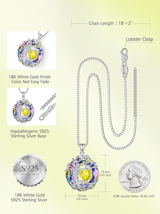 TOUPOP Christmas Gifts Tree of Life Birthstone Necklace 925 Sterling Silver Pendant Austrian Crystal Jewelry Anniversary Birthday Gifts for Women Mom Her Wife