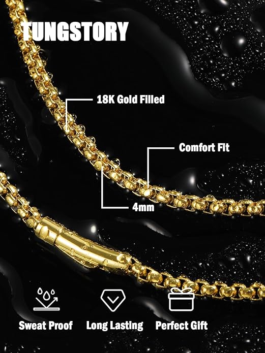 TUNGSTORY Box Chains Necklace for Men - Bold 18K Gold Plated 316L Stainless Steel Chain Necklace Including Jewelry Box, 4mm Mens Chains with Easy-On Clasp, Non-Tarnish Hypoallergenic - Jewelry Gift for Him, 20 Inches