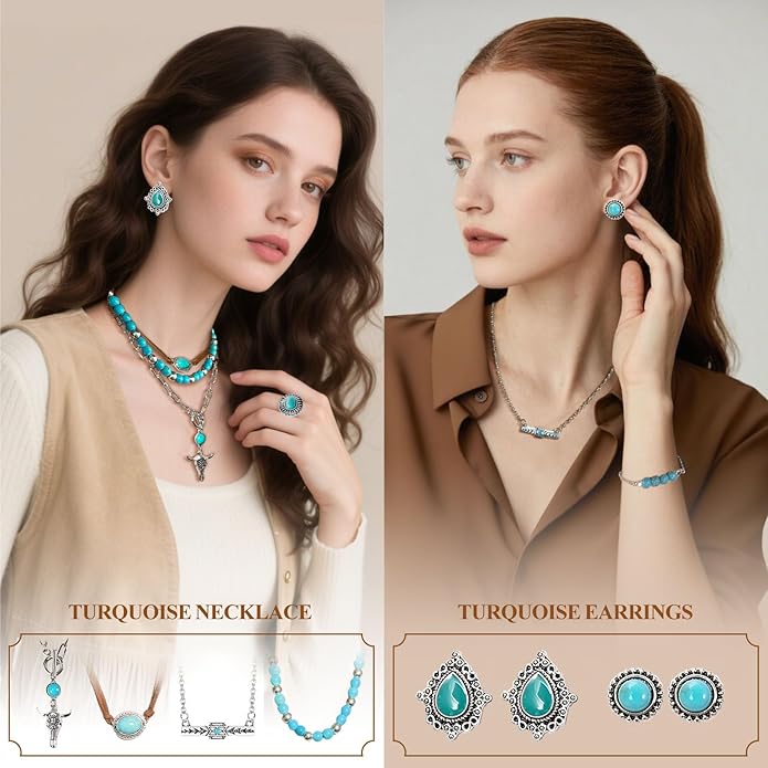 26 PCS Turquoise Cowgirl Jewelry for Women with Layered Boho Necklace, Turquoise Stud Earrings, Bohemian Bracelet and Ring Set, Country Western Jewelry for Women Gift