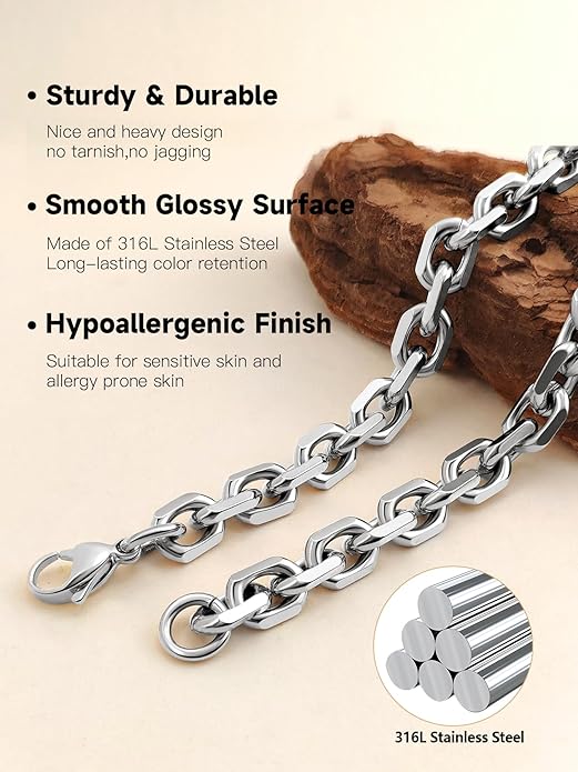 Hoyazvet Cable Chain Stainless Steel Necklace for Men Women, 3/5/8/10/13MM Width, 18K Gold Plated/Black Metal/316L Stainless Steel Sturdy Rolo Link Chain Necklace, 18-30inch Length