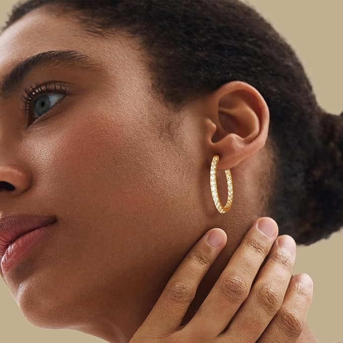 Yellow Gold Plated/925 Sterling Silver Sparkle Cubic Zirconia Hoop Earrings for Women fit Sensitive Ears 14mm/20mm/26mm Huggie/Medium/Large Hoops(with Gift Box)
