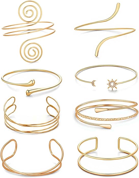 GANDC 8 Pcs Upper Arm Cuff Jewelry for Women Gold Silver Minimalist Arm Cuffs Bangle Band Armlet Adjustable Coil Armband Bracelet Set Jewelry