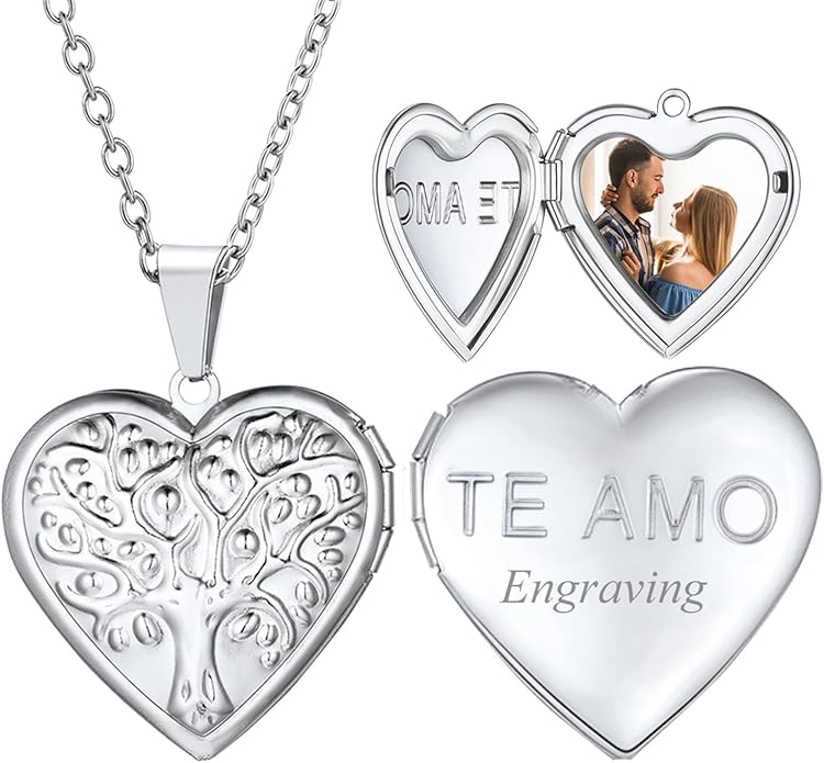 U7 Women Locket Necklace Platinum 14K Gold Photo Lockets that Hold Picture,Chain 20 Inch Personalized Gift Custom Love Heart Image Necklaces