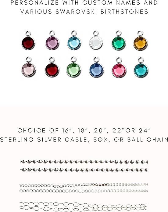 AJ's Collection Love Display with Personalized Sterling Silver Round Washer, Hand Finished. Includes up to 4 Crystal Birthstones or Pearls, and a choice of 925 Chain. Gift for Her