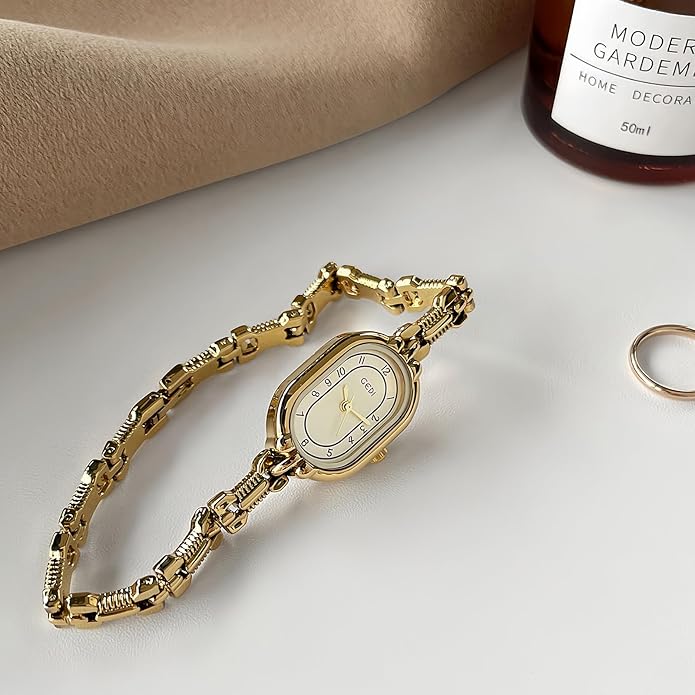 Women's Vintage Oval Watches Luxury Minimalism Bracelet Small Gold Tone Watch Ladies Analog Waterproof Watch Fashion Bangle Bracelet Dress Watch with Stainless Steel Band