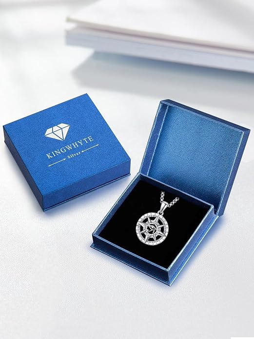 KINGWHYTE Compass Necklace for Men 925 Sterling Silver Birthday Gifts Graduation Travel Jewelry for Husband Brother with Stainless Steel Chain