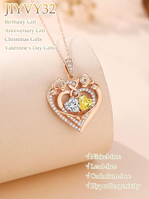 JIYVY32 Rose Heart Necklace for Women Exquisite 925 Sterling Silver Anniversary Birthday Gifts for Wife Mom Her Double Birthstone Pendant Jewelry