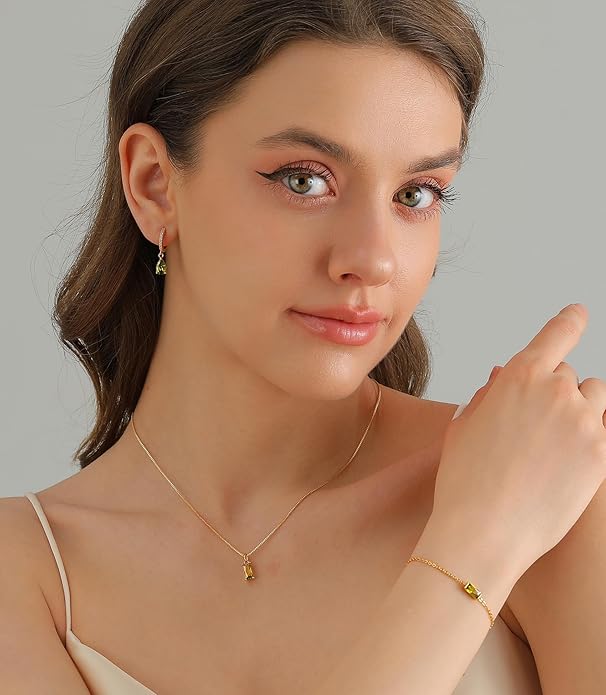 Birthstone 14K Gold Plated Bracelets Earrings Necklaces Jewelry Set， Blue Green May Cubic Zirconia，Friendship Bracelets Jewelry Gifts for Mom Best Friend Birthday