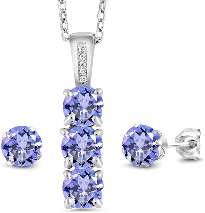 Gem Stone King 925 Sterling Silver 5MM Gemstone Birthstone and White Diamond 3-Stone Pendant and Earrings Jewelry Set For Women | With 18 Inch Chain