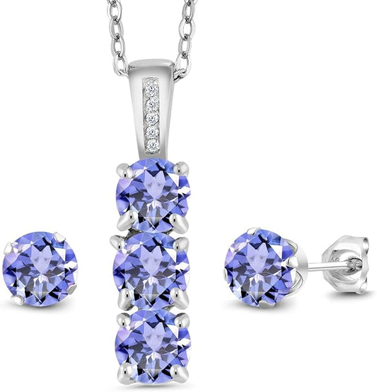 Gem Stone King 925 Sterling Silver 5MM Gemstone Birthstone and White Diamond 3-Stone Pendant and Earrings Jewelry Set For Women | With 18 Inch Chain