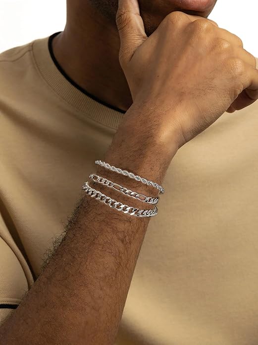 3 PCS Silver Bracelets for Men 925 Sterling Silver/14K Gold Palted Cuban Link Chain Bracelet Figaro Rope Bracelet Set Mens Jewelry Gifts for Dad Husband Boyfriend 7.5/8.2 Inches