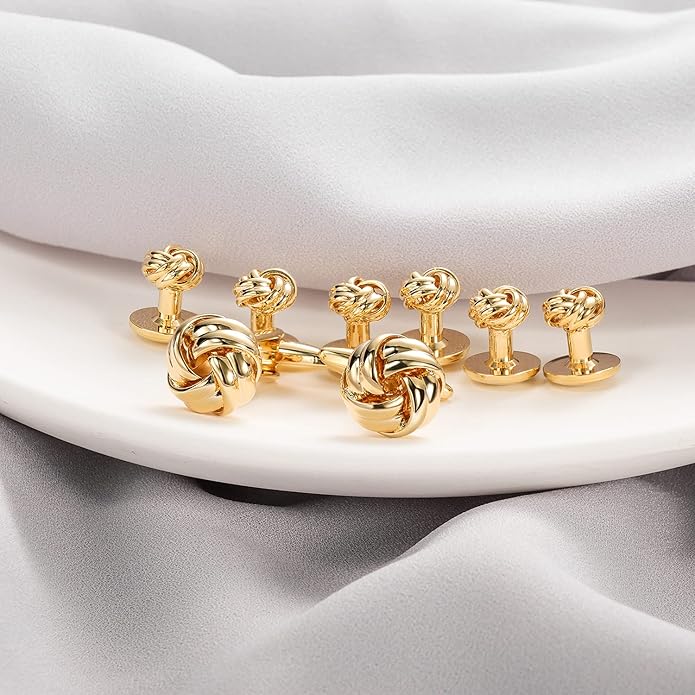 HAWSON Knot Cufflinks and Shirt Studs for Men in Gold or Silver Tone, Matching with White and Black Tuxedo, Suitable for Wedding Day or Formal Occasion.