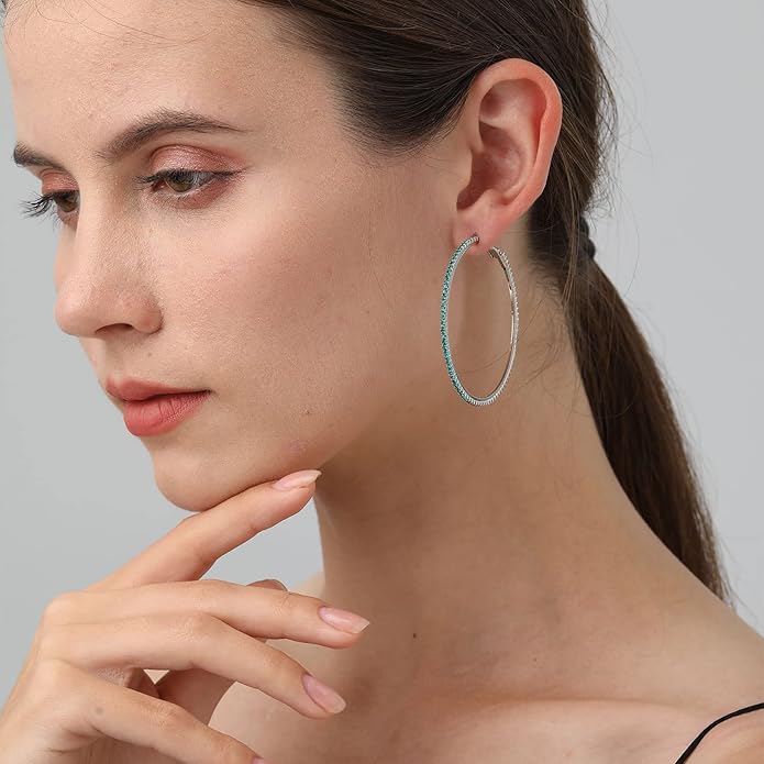 925 Sterling Silver Earrings Large Rhinestone Hoop Earrings Big Cubic Zirconia Hoop Earrings Thin Rhinestones Round Hoop Earrings for Women 20/30/40/50/60/70mm Sparkly Hoops With Crystals for Womens