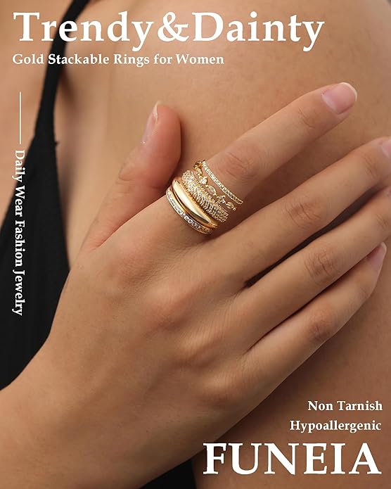FUNEIA Stackable Gold Rings for Women Non Tarnish Trendy Dainty 14K Gold Plated Stacking Cubic Zirconia Thumb Ring Set Pack Statement Chunky Band Rings Promise Engagement Rings Size 7 8 9 10 11