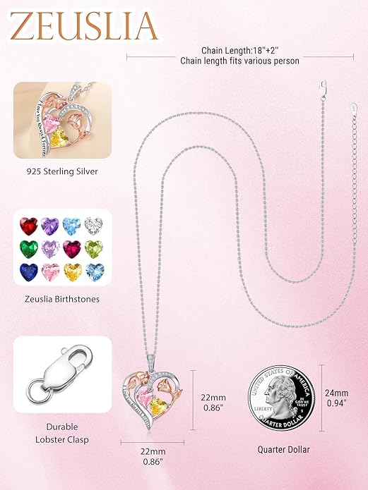 Zeuslia Double Birthstone Necklace Gifts for Wife - 925 Sterling Silver Sunflower/Rose/Crown Cross/Compass/Heart Pendant I Love You Necklace, Anniversary Birthday Gifts for Wife Girlfriend Mom Her