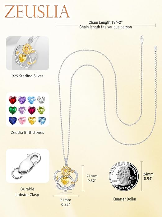 Zeuslia Double Birthstone Necklace Gifts for Wife - 925 Sterling Silver Sunflower/Rose/Crown Cross/Compass/Heart Pendant I Love You Necklace, Anniversary Birthday Gifts for Wife Girlfriend Mom Her