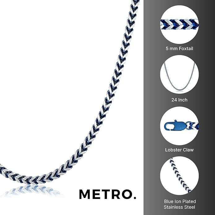 Metro Jewelry Foxtail Chain Necklace for Men in Stainless Steel with Black, Blue or Yellow Gold Ion Plated 5 MM Wide 18 to 30 Inches Long with Lobster Claw