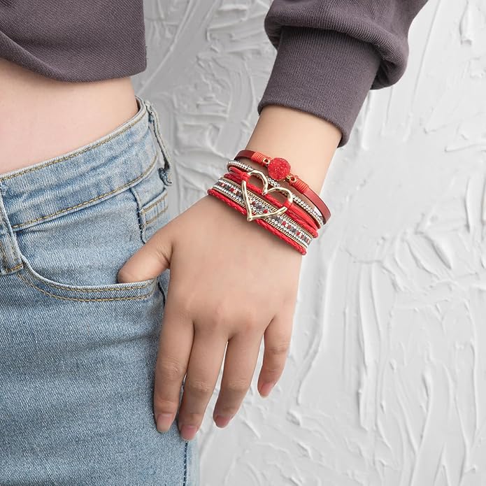 Rantanto Braid Leather Wrap Bracelet Trendy Stackable Crystal Cuff Boho Gold Heart Bracelet Jewelry Gift For Women