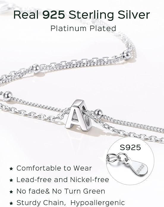 ChicSilver Ankle Bracelets for Women Waterproof, 925 Sterling Silver Initial Anklets for Women, Adjustable Dainty Layered Anklet Beach Jewelry for Women Mom Wife Friend