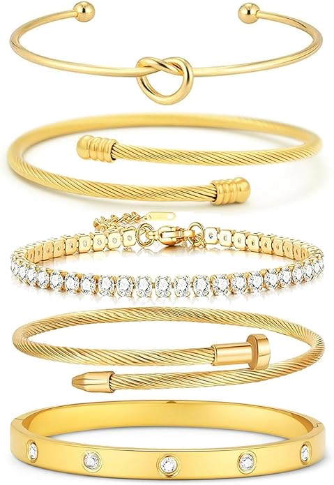 FAFUGA 18 K Gold Plated Love Bangle Bracelet Stack Cuff Jewelry for Women Jewelry Set for Women Gift with Box