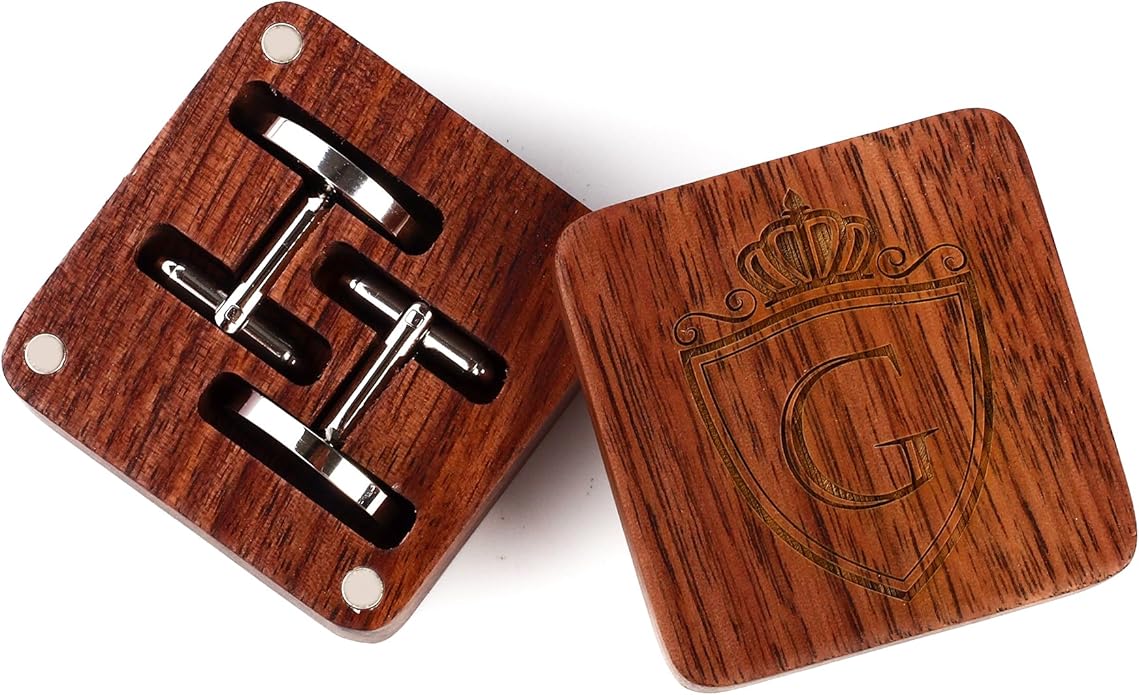 Mens Initial Silver Cufflinks A-Z Alphabet Letter Steel Cuff Links with Engraved Walnut Wood Box Groom Groomsman Wedding Set…