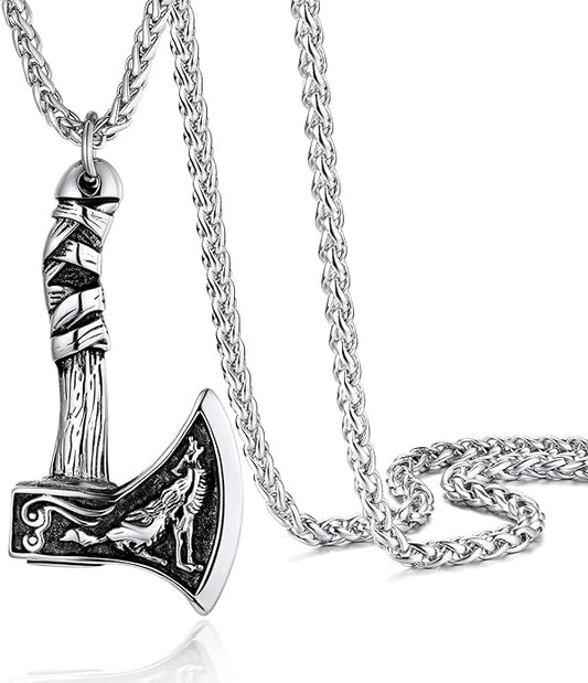 PROSTEEL Norse Viking Jewelry for Men Women, Vintage Thor Hammer/Thor Axe/Raven/Odin Necklace, 316L Stainless Steel Pendant Chain, Come with Box