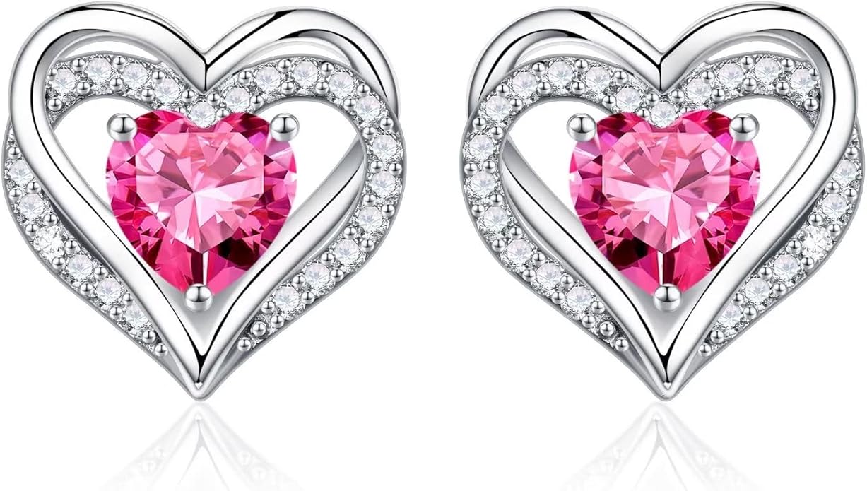 Iefil Birthstone Earrings for Women, 925 Sterling Silver Heart Stud Earrings Birthday Gifts for Women