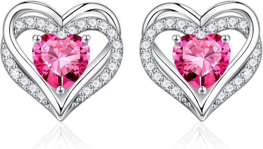 Iefil Birthstone Earrings for Women, 925 Sterling Silver Heart Stud Earrings Birthday Gifts for Women
