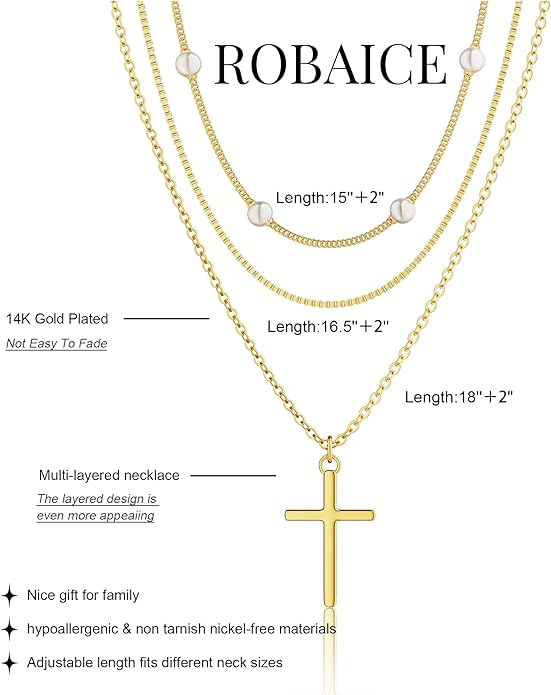 Layered Necklace for Women 14K Gold Plated Dainty Paperclip Herringbone Pearl Cross Pendant Necklace Stack，Layering Chain Cuban Figaro Rope Chain Choker Trendy Gold Jewelry Gift