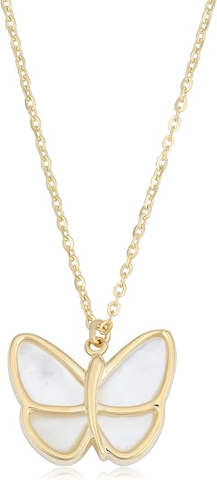 Kooljewelry 14k Yellow Gold Mother of Pearl Butterfly Necklace (18 inch)