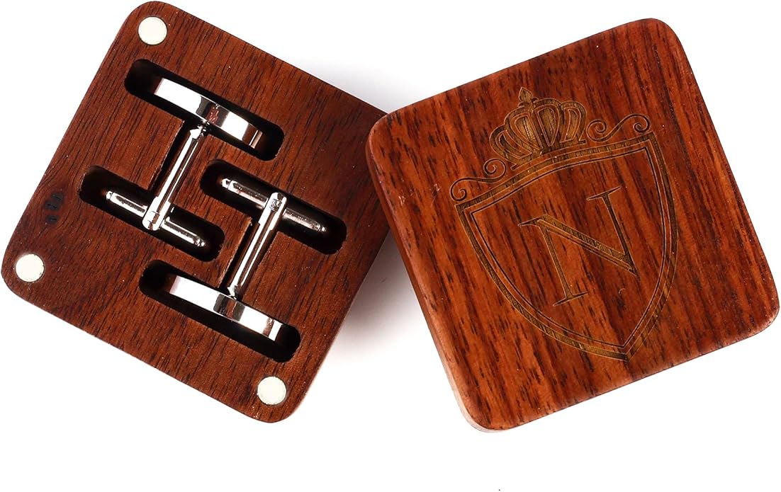 Mens Initial Silver Cufflinks A-Z Alphabet Letter Steel Cuff Links with Engraved Walnut Wood Box Groom Groomsman Wedding Set…